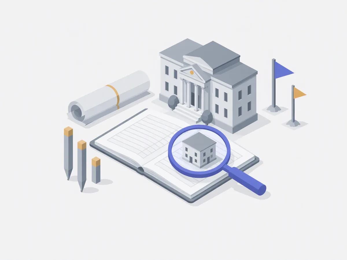 Isometric illustration of survey pegs, parchment register, plot marker flags, revenue office building