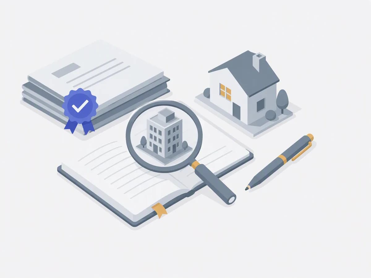 Isometric illustration of verified sticker, stack of title documents, pen, compact house