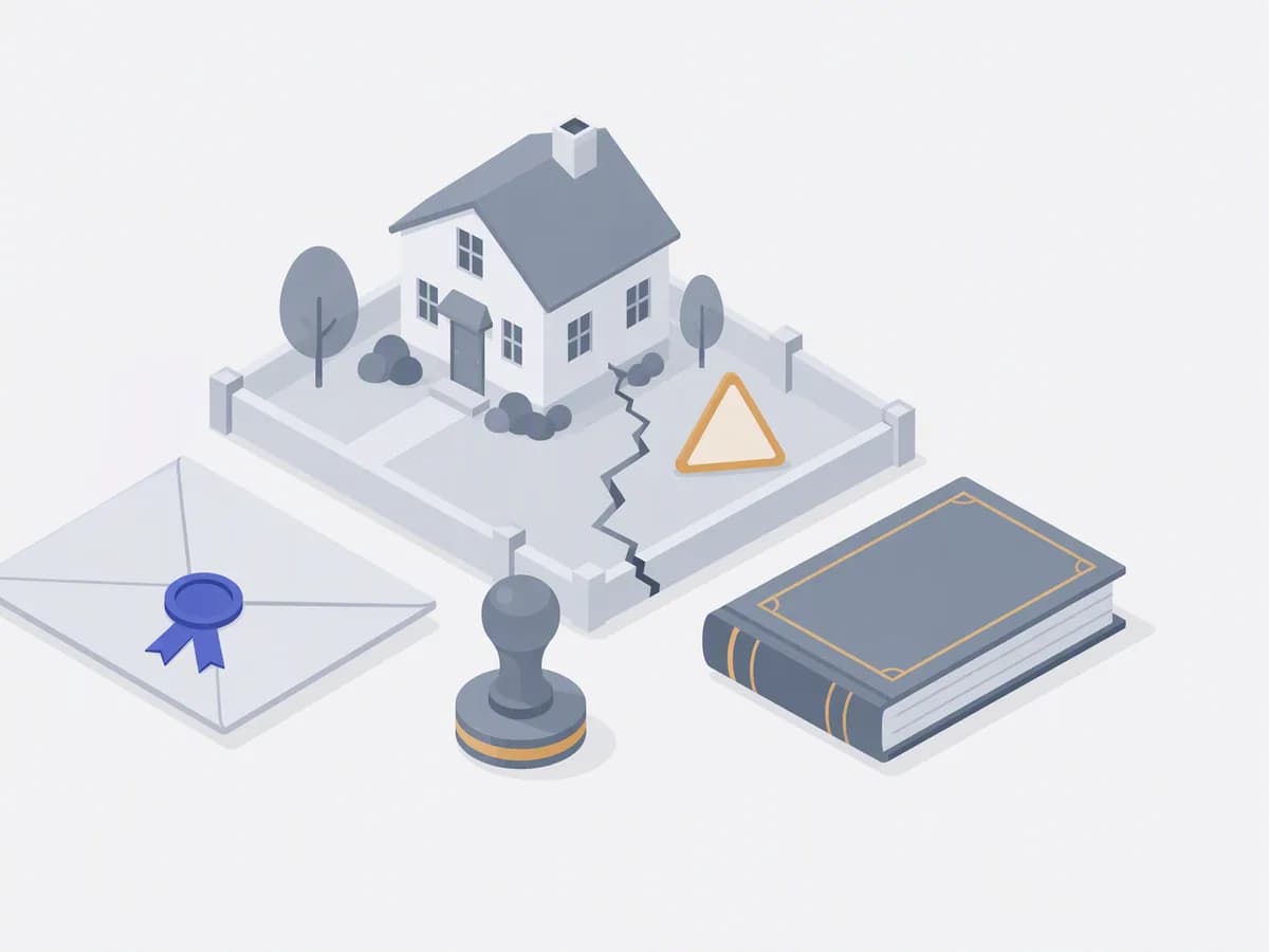 Isometric illustration of sealed will envelope, probate stamp, ancestral house, ledger book