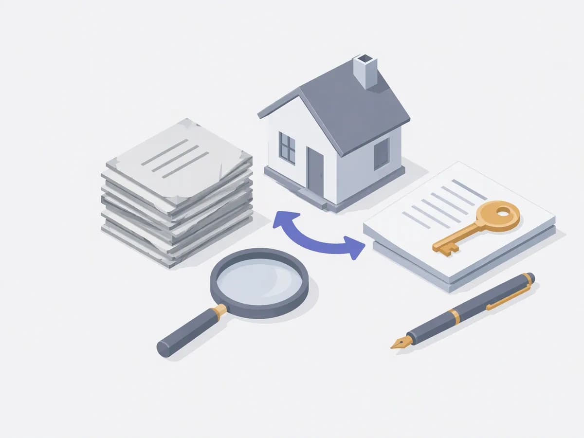 Isometric illustration of old documents stack, modern deed, magnifying glass, ink pen