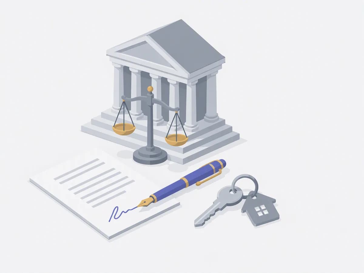 Editorial illustration of a signed agreement with a fountain pen and a house key