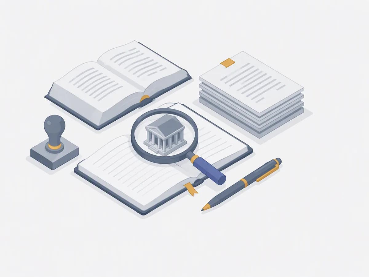 Isometric illustration of open law book, stack of documents, ink stamp, pen