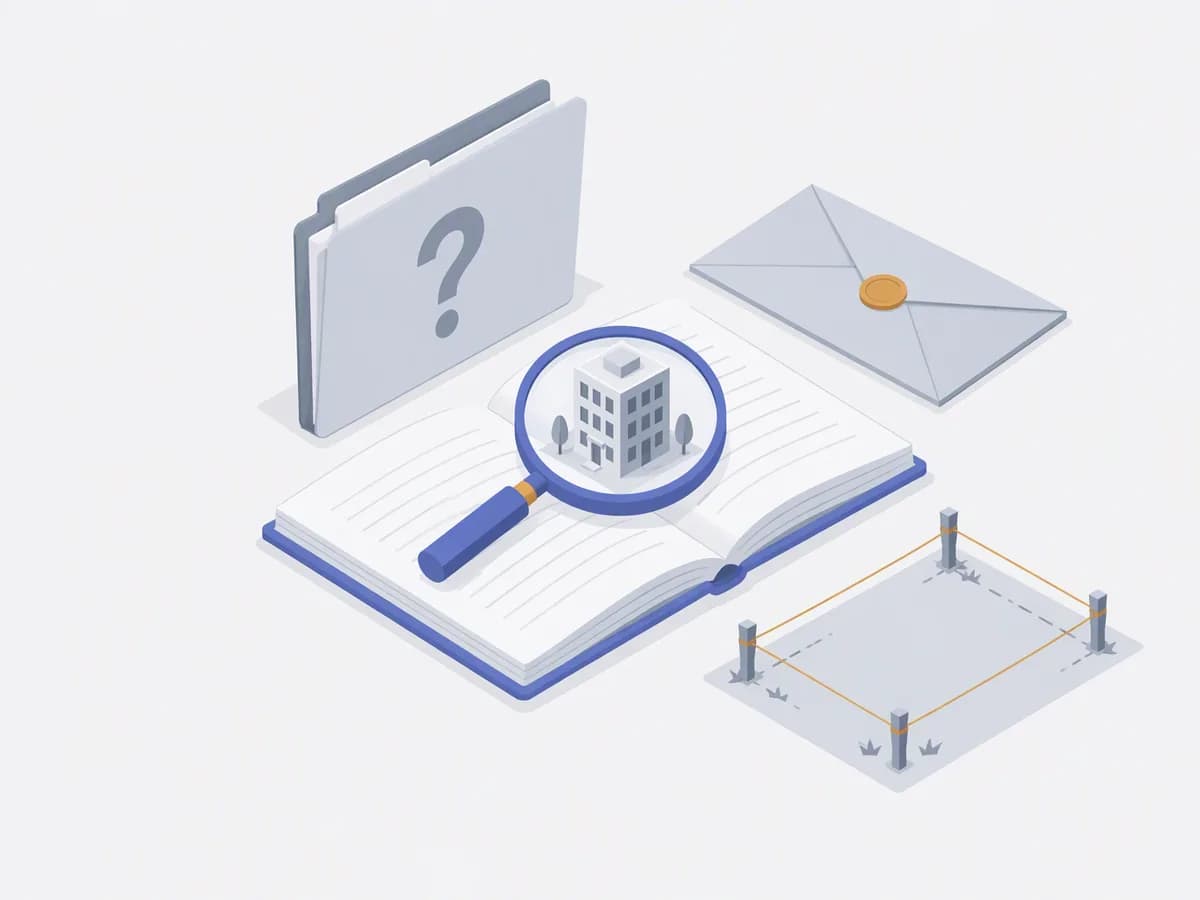 Isometric illustration of open legal brief, question-marked file folder, vacant plot pegs, sealed envelope