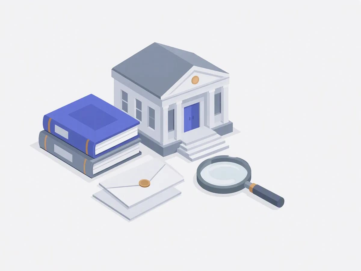 Isometric illustration of stacked registry books stamped envelopes magnifying glass on desk
