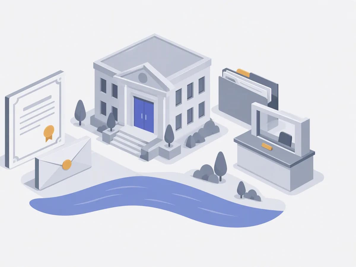 Isometric illustration of encumbrance certificate, stamped envelope, filing folder, district registry counter