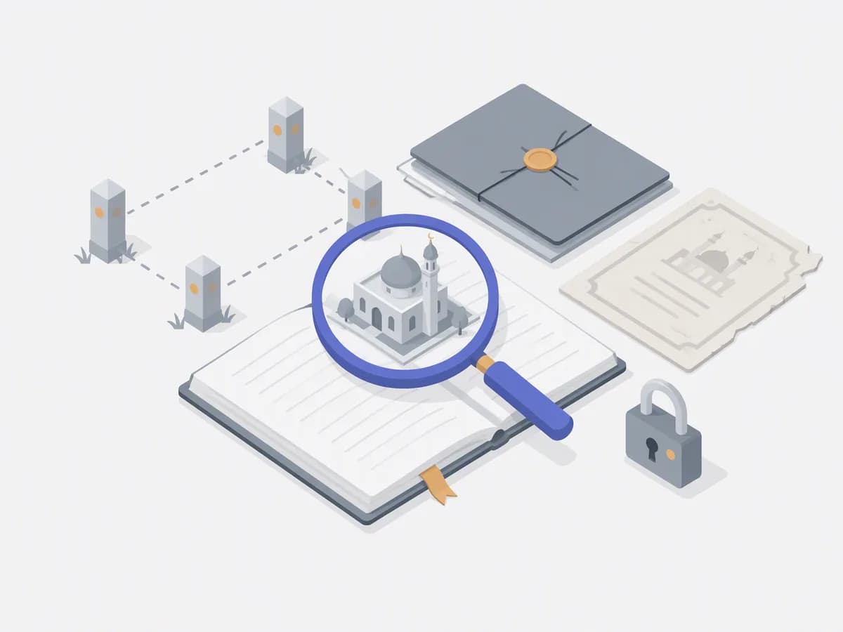 Isometric illustration of boundary pegs near mosque plot, sealed waiver file, faded property deed, small lock