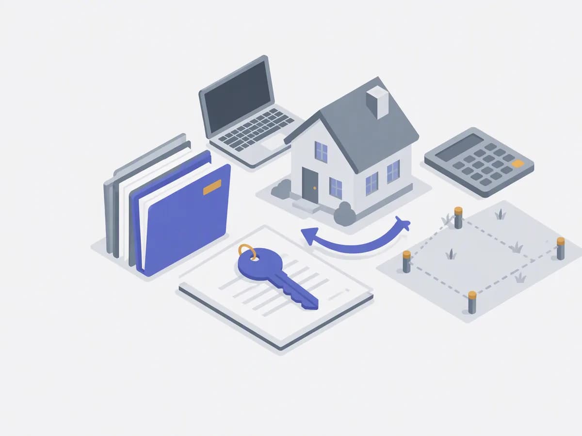 Isometric illustration of folders of title deeds, laptop, calculator, survey pegs on plot